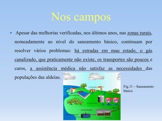  Apesar das melhorias verificadas, nos últimos anos, nas zonas rurais,
nomeadamente ao nível do saneamento básico, continuam por
resolver vários problemas: há estradas em mau estado, o gás
canalizado, que praticamente não existe, os transportes são poucos e
caros, a assistência médica não satisfaz as necessidades das
populações das aldeias.
Nos campos
Fig.11 – Saneamento
básico
 