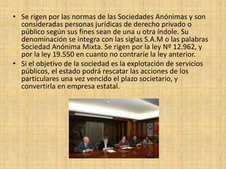 Se rigen por las normas de las Sociedades Anónimas y son consideradas personas jurídicas de derecho privado o público según sus fines sean de una u otra índole. Su denominación se integra con las siglas S.A.M o las palabras Sociedad Anónima Mixta. Se rigen por la ley Nº 12.962, y por la ley 19.550 en cuanto no contraríe la ley anterior. Si el objetivo de la sociedad es la explotación de servicios públicos, el estado podrá rescatar las acciones de los particulares una vez vencido el plazo societario, y convertirla en empresa estatal.