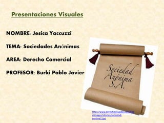 Presentaciones Visuales
NOMBRE: Jesica Yaccuzzi
TEMA: Sociedades Anónimas
AREA: Derecho Comercial
PROFESOR: Burki Pablo Javier
http://www.derechoecuador.com/File
s/images/stories/sociedad-
annima1.jpg
 