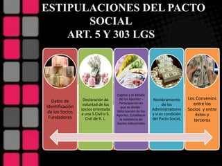 ESTIPULACIONES DEL PACTO
SOCIAL
ART. 5 Y 303 LGS
Datos de
Identificación
de los Socios
Fundadores
Declaración de
voluntad de los
socios orientada
a una S.Civil o S.
Civil de R. L.
Capital y el detalle
de los Aportes –
Participación en
que se divide -
Valorización de los
Aportes. Establecer
la existencia de
Socios Industriales
Nombramiento
de los
Administradores
y si es condición
del Pacto Social,
Los Convenios
entre los
Socios y entre
éstos y
terceros
 