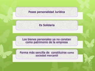 Posee personalidad Jurídica




             Es Solidaria




 Los bienes personales ya no constan
   como patrimonio de la empresa


Forma más sencilla de constituirse como
           sociedad mercantil
 