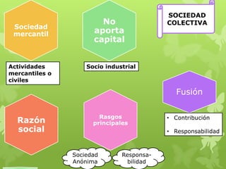 SOCIEDAD
                        No                 COLECTIVA
 Sociedad
 mercantil            aporta
                      capital


Actividades         Socio industrial
mercantiles o
civiles

                                              Fusión

                        Rasgos             • Contribución
  Razón               principales
  social                                   • Responsabilidad



                Sociedad       Responsa-
                Anónima         bilidad
 