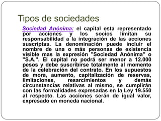 Tipos de sociedadesSociedad Anónima:el capital esta representado por acciones y los socios limitan su responsabilidad a la integración de las acciones suscriptas. La denominación puede incluir el nombre de una o más personas de existencia visible mas la expresión "Sociedad Anónima" o "S.A.". El capital no podrá ser menor a 12.000 pesos y debe suscribirse totalmente al momento de la celebración del contrato. En los supuestos de mora, aumento, capitalización de reservas, limitaciones, resarcimientos y demás circunstancias relativas al mismo, se cumplirán con las formalidades expresadas en la Ley 19.550 al respecto. Las acciones serán de igual valor, expresado en moneda nacional. 