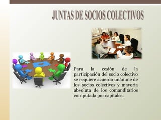 Para la cesión de la
participación del socio colectivo
se requiere acuerdo unánime de
los socios colectivos y mayoría
absoluta de los comanditarios
computada por capitales.
 