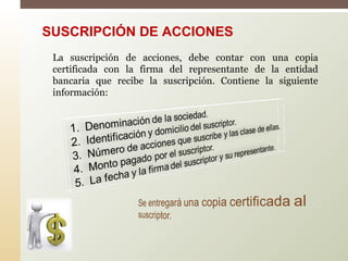 SUSCRIPCIÓN DE ACCIONES
La suscripción de acciones, debe contar con una copia
certificada con la firma del representante de la entidad
bancaria que recibe la suscripción. Contiene la siguiente
información:
 