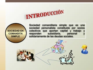 SOCIEDAD EN
COMANDITA
SIMPLE
Sociedad comanditaria simple que es una
sociedad personalista constituida por socios
colectivos que aportan capital y trabajo y
responden subsidiaria, personal y
solidariamente de las deudas sociales.
 