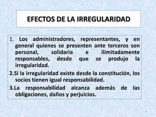 EFECTOS DE LA IRREGULARIDAD

1. Los administradores, representantes, y en
  general quienes se presenten ante terceros son
  personal,        solidaria    e      ilimitadamente
  responsables, desde que se produjo la
  irregularidad.
2.Si la irregularidad existe desde la constitución, los
  socios tienen igual responsabilidad.
3.La responsabilidad alcanza además de las
  obligaciones, daños y perjuicios.

                                                          4
 