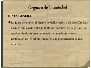 Órganos de la sociedad
JUNTA GENERAL
La junta general es el órgano de deliberación y de decisión. Los
asuntos que puede tratar la Junta son censuras de la gestión, la
aprobación de las cuentas anuales, el nombramiento y
destitución de los administradores y la modificación de los
estatutos.
 