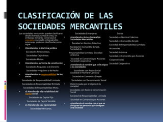 CLASIFICACIÓN DE LAS SOCIEDADES MERCANTILES Las sociedades mercantiles pueden clasificarse desde diversos puntos de vista, sin embargo, tomando como base el concepto enunciado en los párrafos anteriores, podemos clasificarlas como sigue:Atendiendo a la doctrina jurídica               Sociedades Personalistas.                 Sociedades Capitalistas.                Sociedades Mixtas. Atendiendo a su forma de constitución               Sociedades Regulares o de Derecho                 Sociedades Irregulares o de Hecho Atendiendo a la responsabilidad de los sociosSociedades de Responsabilidad Limitada. Sociedades de Responsabilidad Ilimitada Sociedades de Responsabilidad Mixta. d) Atendiendo a la variabilidad del capital socialSociedades de Capital Fijo Sociedades de Capital Variable e) Atendiendo a su nacionalidadSociedades Mexicanas. Sociedades Extranjeras. Atendiendo a la Ley General de Sociedades Mercantiles                 Sociedad en Nombre Colectivo              Sociedad en Comandita Simple. Sociedad de            Responsabilidad Limitada Sociedad Anónima               Sociedad en Comandita por Acciones Sociedad Cooperativa Atendiendo al nombre que se le asigna a las sociedades                     Sociedades con Razón Social Sociedad en Nombre Colectivo                  Sociedad en Comandita Simple                Sociedades con Denominación Social Determinadas por el objeto de la sociedad            Sociedades con Razón o Denominación Social              Sociedad de Responsabilidad Limitada              Sociedad en Comandita por AccionesAtendiendo el nombre con el que se designan las personas que integran una sociedad                 Socios Sociedad en Nombre ColectivoSociedad en Comandita SimpleSociedad de Responsabilidad LimitadaAccionistas Sociedad AnónimaSociedad en Comandita por AccionesCooperativistas Sociedad Cooperativa