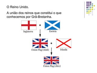 O Reino Unido.
A união dos reinos que constitui o que
conhecemos por Grã-Bretanha.
 