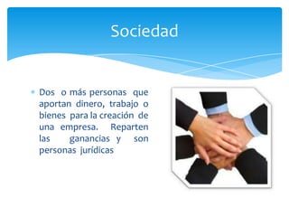 Sociedad

Dos o más personas que
aportan dinero, trabajo o
bienes para la creación de
una empresa. Reparten
las
ganancias y son
personas jurídicas

 