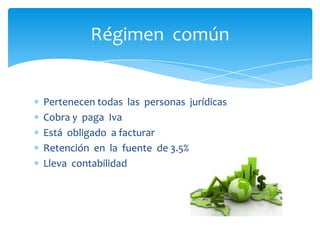 Régimen común

Pertenecen todas las personas jurídicas
Cobra y paga Iva
Está obligado a facturar
Retención en la fuente de 3.5%
Lleva contabilidad

 