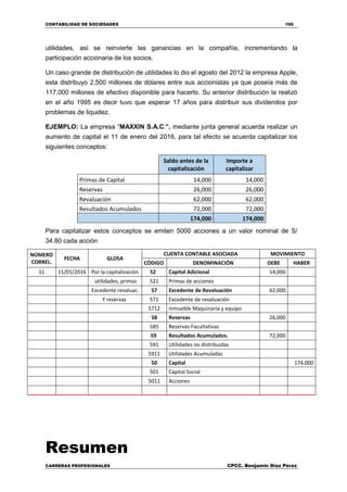 CONTABILIDAD DE SOCIEDADES 100
CARRERAS PROFESIONALES CPCC. Benjamin Díaz Pérez
utilidades, así se reinvierte las ganancias en la compañía, incrementando la
participación accionaria de los socios.
Un caso grande de distribución de utilidades lo dio el agosto del 2012 la empresa Apple,
esta distribuyo 2,500 millones de dólares entre sus accionistas ya que poseía más de
117,000 millones de efectivo disponible para hacerlo. Su anterior distribución la realizó
en el año 1995 es decir tuvo que esperar 17 años para distribuir sus dividendos por
problemas de liquidez.
EJEMPLO: La empresa “MAXXIN S.A.C.”, mediante junta general acuerda realizar un
aumento de capital el 11 de enero del 2016, para tal efecto se acuerda capitalizar los
siguientes conceptos:
Saldo antes de la
capitalización
Importe a
capitalizar
Primas de Capital 14,000 14,000
Reservas 26,000 26,000
Revaluación 62,000 62,000
Resultados Acumulados 72,000 72,000
174,000 174,000
Para capitalizar estos conceptos se emiten 5000 acciones a un valor nominal de S/
34.80 cada acción
NÚMERO
CORREL.
FECHA GLOSA
CUENTA CONTABLE ASOCIADA MOVIMIENTO
CÓDIGO DENOMINACIÓN DEBE HABER
11 11/01/2016 Por la capitalización 52 Capital Adicional 14,000
utilidades, primas 521 Primas de acciones
Excedente revaluac. 57 Excedente de Revaluación 62,000
Y reservas 571 Excedente de revaluación
5712 Inmueble Maquinaria y equipo
58 Reservas 26,000
585 Reservas Facultativas
59 Resultados Acumulados. 72,000
591 Utilidades no distribuidas
5911 Utilidades Acumuladas
50 Capital 174,000
501 Capital Social
5011 Acciones
Resumen
 