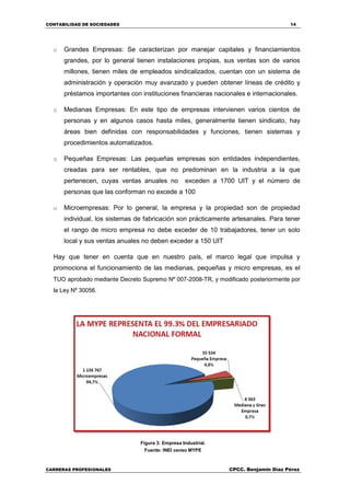 CONTABILIDAD DE SOCIEDADES 14
CARRERAS PROFESIONALES CPCC. Benjamin Díaz Pérez
o Grandes Empresas: Se caracterizan por manejar capitales y financiamientos
grandes, por lo general tienen instalaciones propias, sus ventas son de varios
millones, tienen miles de empleados sindicalizados, cuentan con un sistema de
administración y operación muy avanzado y pueden obtener líneas de crédito y
préstamos importantes con instituciones financieras nacionales e internacionales.
o Medianas Empresas: En este tipo de empresas intervienen varios cientos de
personas y en algunos casos hasta miles, generalmente tienen sindicato, hay
áreas bien definidas con responsabilidades y funciones, tienen sistemas y
procedimientos automatizados.
o Pequeñas Empresas: Las pequeñas empresas son entidades independientes,
creadas para ser rentables, que no predominan en la industria a la que
pertenecen, cuyas ventas anuales no exceden a 1700 UIT y el número de
personas que las conforman no excede a 100
o Microempresas: Por lo general, la empresa y la propiedad son de propiedad
individual, los sistemas de fabricación son prácticamente artesanales. Para tener
el rango de micro empresa no debe exceder de 10 trabajadores, tener un solo
local y sus ventas anuales no deben exceder a 150 UIT
Hay que tener en cuenta que en nuestro país, el marco legal que impulsa y
promociona el funcionamiento de las medianas, pequeñas y micro empresas, es el
TUO aprobado mediante Decreto Supremo Nº 007-2008-TR, y modificado posteriormente por
la Ley Nº 30056.
Figura 3: Empresa Industrial.
Fuente: INEI censo MYPE
 