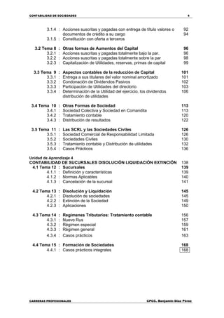 CONTABILIDAD DE SOCIEDADES 4
CARRERAS PROFESIONALES CPCC. Benjamin Díaz Pérez
3.1.4
3.1.5
:
:
Acciones suscritas y pagadas con entrega de título valores o
documentos de crédito a su cargo
Constitución con oferta a terceros
92
94
3.2 Tema 8 : Otras formas de Aumentos del Capital 96
3.2.1 : Acciones suscritas y pagadas totalmente bajo la par. 96
3.2.2 : Acciones suscritas y pagadas totalmente sobre la par 98
3.2.3 : Capitalización de Utilidades, reservas, primas de capital 99
3.3 Tema 9 : Aspectos contables de la reducción de Capital 101
3.3.1 : Entrega a sus titulares del valor nominal amortizado 101
3.3.2 : Condonación de Dividendos Pasivos 102
3.3.3 : Participación de Utilidades del directorio 103
3.3.4 : Determinación de la Utilidad del ejercicio, los dividendos
distribución de utilidades
106
3.4 Tema 10 : Otras Formas de Sociedad 113
3.4.1 : Sociedad Colectiva y Sociedad en Comandita 113
3.4.2 : Tratamiento contable 120
3.4.3 : Distribución de resultados 122
3.5 Tema 11 : Las SCRL y las Sociedades Civiles 126
3.5.1 : Sociedad Comercial de Responsabilidad Limitada 126
3.5.2 : Sociedades Civiles 130
3.5.3 : Tratamiento contable y Distribución de utilidades 132
3.5.4 : Casos Prácticos 136
Unidad de Aprendizaje 4
CONTABILIDAD DE SUCURSALES DISOLUCIÓN LIQUIDACIÓN EXTINCIÓN 138
4.1 Tema 12 : Sucursales 139
4.1.1 : Definición y características 139
4.1.2 : Normas Aplicables 140
4.1.3 : Cancelación de la sucursal 141
4.2 Tema 13 : Disolución y Liquidación 145
4.2.1 : Disolución de sociedades 145
4.2.2 : Extinción de la Sociedad 149
4.2.3 : Aplicaciones 150
4.3 Tema 14 : Regímenes Tributarios: Tratamiento contable 156
4.3.1 : Nuevo Rus 157
4.3.2 : Régimen especial 159
4.3.3 : Régimen general 161
4.3.4 : Casos prácticos 163
4.4 Tema 15 : Formación de Sociedades 168
4.4.1 : Casos prácticos integrales 168
 