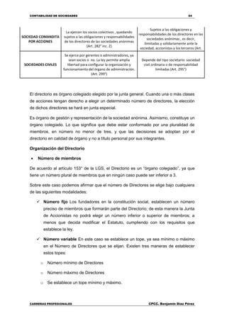 CONTABILIDAD DE SOCIEDADES 54
CARRERAS PROFESIONALES CPCC. Benjamin Díaz Pérez
SOCIEDAD COMANDITA
POR ACCIONES
La ejercen los socios colectivos , quedando
sujetos a las obligaciones y responsabilidades
de los directores de las sociedades anónimas
(Art. 282° inc. 2)
Sujetos a las obligaciones y
responsabilidades de los directores en las
sociedades anónimas , es decir,
ilimitadas y solidariamente ante la
sociedad, accionistas y los terceros (Art.
282° inc. 2)
SOCIEDADES CIVILES
Se ejerce por gerentes o administradores, ya
sean socios o no. La ley permite amplia
libertad para configurar la organización y
funcionamiento del órgano de administración.
(Art. 299°)
Depende del tipo societario: sociedad
civil ordinaria o de responsabilidad
limitadas (Art. 295°)
El directorio es órgano colegiado elegido por la junta general. Cuando una o más clases
de acciones tengan derecho a elegir un determinado número de directores, la elección
de dichos directores se hará en junta especial.
Es órgano de gestión y representación de la sociedad anónima. Asimismo, constituye un
órgano colegiado. Lo que significa que debe estar conformado por una pluralidad de
miembros, en número no menor de tres, y que las decisiones se adoptan por el
directorio en calidad de órgano y no a título personal por sus integrantes.
Organización del Directorio
 Número de miembros
De acuerdo al artículo 153° de la LGS, el Directorio es un “órgano colegiado”, ya que
tiene un número plural de miembros que en ningún caso puede ser inferior a 3.
Sobre este caso podemos afirmar que el número de Directores se elige bajo cualquiera
de las siguientes modalidades:
 Número fijo Los fundadores en la constitución social, establecen un número
preciso de miembros que formarán parte del Directorio; de esta manera la Junta
de Accionistas no podrá elegir un número inferior o superior de miembros; a
menos que decida modificar el Estatuto, cumpliendo con los requisitos que
establece la ley.
 Número variable En este caso se establece un tope, ya sea mínimo o máximo
en el Número de Directores que se elijan. Existen tres maneras de establecer
estos topes:
o Número mínimo de Directores
o Número máximo de Directores
o Se establece un tope mínimo y máximo.
 