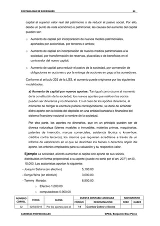 CONTABILIDAD DE SOCIEDADES 64
CARRERAS PROFESIONALES CPCC. Benjamin Díaz Pérez
capital al superior valor real del patrimonio o de reducir el pasivo social, Por ello,
desde un punto de vista económico o patrimonial, las causas del aumento del capital
pueden ser:
o Aumento de capital por incorporación de nuevos medios patrimoniales,
aportados por accionistas, por terceros o ambos;
o Aumento de capital sin incorporación de nuevos medios patrimoniales a la
sociedad, por transformación de reservas, plusvalías o de beneficios en el
contravalor del nuevo capital;
o Aumento de capital para reducir el pasivo de la sociedad, por conversión de
obligaciones en acciones o por la entrega de acciones en pago a los acreedores.
Conforme al artículo 202 de la LGS, el aumento puede originarse por las siguientes
modalidades:
a) Aumento de capital por nuevos aportes: Tan igual como ocurre al momento
de la constitución de la sociedad, los nuevos aportes que realicen los socios
pueden ser dinerarios y no dinerarios. En el caso de los aportes dinerarios, al
momento de otorgar la escritura pública correspondiente, se debe de acreditar
dicho aporte con la boleta del depósito en una entidad bancaria o financiera del
sistema financiero nacional a nombre de la sociedad.
Por otra parte, los aportes no dinerarios, que en un principio pueden ser de
diversa naturaleza (bienes muebles o inmuebles, materias primas, maquinarias,
patentes de invención, marcas comerciales, asistencia técnica o know-how,
créditos contra terceros), los mismos que requieren acreditarse a través de un
informe de valorización en el que se describan los bienes o derechos objeto del
aporte, los criterios empleados para su valuación y su respectivo valor.
Ejemplo La sociedad, acordó aumentar el capital con aporte de sus socios,
distribuidos en forma proporcional a su aporte (puede no serlo por el art. 207°) en S/.
15,000. Los accionistas aportan lo siguiente:
- Joaquín Sabina (en efectivo) 5,100.00
- Sonya Wins (en efectivo) 3,000.00
- Tommy Morado: 6,900.00
o Efectivo 1,000.00
o computadoras 5,900.00
NÚMERO
CORREL.
FECHA GLOSA
CUENTA CONTABLE ASOCIADA MOVIMIENTO
CÓDIGO DENOMINACIÓN DEBE HABER
32 02/03/2015 Por los aportes para el 14 Cuentas Cobrar a Socios
 