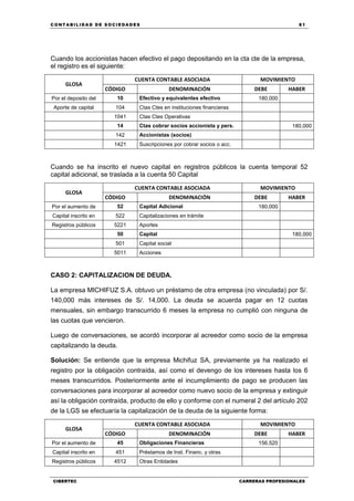 C ONT ABI LID A D D E S OCIE DA D ES 81
CIBERTEC CARRERAS PROFESIONALES
Cuando los accionistas hacen efectivo el pago depositando en la cta cte de la empresa,
el registro es el siguiente:
GLOSA
CUENTA CONTABLE ASOCIADA MOVIMIENTO
CÓDIGO DENOMINACIÓN DEBE HABER
Por el deposito del 10 Efectivo y equivalentes efectivo 180,000
Aporte de capital 104 Ctas Ctes en instituciones financieras
1041 Ctas Ctes Operativas
14 Ctas cobrar socios accionista y pers. 180,000
142 Accionistas (socios)
1421 Suscripciones por cobrar socios o acc.
Cuando se ha inscrito el nuevo capital en registros públicos la cuenta temporal 52
capital adicional, se traslada a la cuenta 50 Capital
GLOSA
CUENTA CONTABLE ASOCIADA MOVIMIENTO
CÓDIGO DENOMINACIÓN DEBE HABER
Por el aumento de 52 Capital Adicional 180,000
Capital inscrito en 522 Capitalizaciones en trámite
Registros públicos 5221 Aportes
50 Capital 180,000
501 Capital social
5011 Acciones
CASO 2: CAPITALIZACION DE DEUDA.
La empresa MICHIFUZ S.A. obtuvo un préstamo de otra empresa (no vinculada) por S/.
140,000 más intereses de S/. 14,000. La deuda se acuerda pagar en 12 cuotas
mensuales, sin embargo transcurrido 6 meses la empresa no cumplió con ninguna de
las cuotas que vencieron.
Luego de conversaciones, se acordó incorporar al acreedor como socio de la empresa
capitalizando la deuda.
Solución: Se entiende que la empresa Michifuz SA, previamente ya ha realizado el
registro por la obligación contraída, así como el devengo de los intereses hasta los 6
meses transcurridos. Posteriormente ante el incumplimiento de pago se producen las
conversaciones para incorporar al acreedor como nuevo socio de la empresa y extinguir
así la obligación contraída, producto de ello y conforme con el numeral 2 del artículo 202
de la LGS se efectuaría la capitalización de la deuda de la siguiente forma:
GLOSA
CUENTA CONTABLE ASOCIADA MOVIMIENTO
CÓDIGO DENOMINACIÓN DEBE HABER
Por el aumento de 45 Obligaciones Financieras 156,520
Capital inscrito en 451 Préstamos de Inst. Financ. y otras
Registros públicos 4512 Otras Entidades
 
