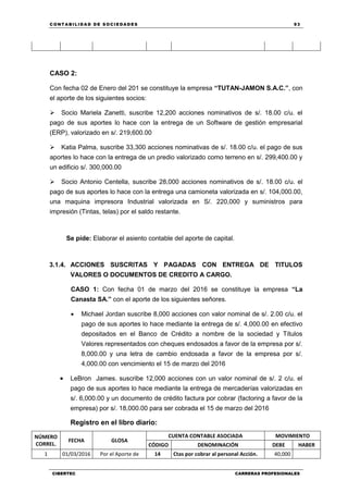 C ONT ABI LID A D D E S OCIE DA D ES 93
CIBERTEC CARRERAS PROFESIONALES
CASO 2:
Con fecha 02 de Enero del 201 se constituye la empresa “TUTAN-JAMON S.A.C.”, con
el aporte de los siguientes socios:
Socio Mariela Zanetti, suscribe 12,200 acciones nominativos de s/. 18.00 c/u. el
pago de sus aportes lo hace con la entrega de un Software de gestión empresarial
(ERP), valorizado en s/. 219,600.00
Katia Palma, suscribe 33,300 acciones nominativas de s/. 18.00 c/u. el pago de sus
aportes lo hace con la entrega de un predio valorizado como terreno en s/. 299,400.00 y
un edificio s/. 300,000.00
Socio Antonio Centella, suscribe 28,000 acciones nominativos de s/. 18.00 c/u. el
pago de sus aportes lo hace con la entrega una camioneta valorizada en s/. 104,000.00,
una maquina impresora Industrial valorizada en S/. 220,000 y suministros para
impresión (Tintas, telas) por el saldo restante.
Se pide: Elaborar el asiento contable del aporte de capital.
3.1.4. ACCIONES SUSCRITAS Y PAGADAS CON ENTREGA DE TITULOS
VALORES O DOCUMENTOS DE CREDITO A CARGO.
CASO 1: Con fecha 01 de marzo del 2016 se constituye la empresa “La
Canasta SA.” con el aporte de los siguientes señores.
 Michael Jordan suscribe 8,000 acciones con valor nominal de s/. 2.00 c/u. el
pago de sus aportes lo hace mediante la entrega de s/. 4,000.00 en efectivo
depositados en el Banco de Crédito a nombre de la sociedad y Títulos
Valores representados con cheques endosados a favor de la empresa por s/.
8,000.00 y una letra de cambio endosada a favor de la empresa por s/.
4,000.00 con vencimiento el 15 de marzo del 2016
 LeBron James. suscribe 12,000 acciones con un valor nominal de s/. 2 c/u. el
pago de sus aportes lo hace mediante la entrega de mercaderías valorizadas en
s/. 6,000.00 y un documento de crédito factura por cobrar (factoring a favor de la
empresa) por s/. 18,000.00 para ser cobrada el 15 de marzo del 2016
Registro en el libro diario:
NÚMERO
CORREL.
FECHA GLOSA
CUENTA CONTABLE ASOCIADA MOVIMIENTO
CÓDIGO DENOMINACIÓN DEBE HABER
1 01/03/2016 Por el Aporte de 14 Ctas por cobrar al personal Acción. 40,000
 