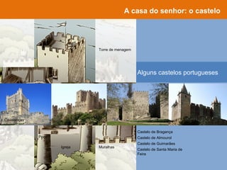Quais as várias dependências
de um castelo?
A casa do senhor: o castelo
Castelo de Bragança
Castelo de Almourol
Castelo de Santa Maria de
Feira
Castelo de Guimarães
Torre de menagem
Igreja Muralhas
Poço
Cavalariças
Alguns castelos portugueses
 