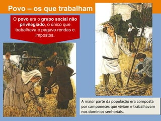 A maior parte da população era composta
por camponeses que viviam e trabalhavam
nos domínios senhoriais.
A maior parte da população era composta
por camponeses que viviam e trabalhavam
nos domínios senhoriais.
Povo – os que trabalham
O povo era o grupo social não
privilegiado, o único que
trabalhava e pagava rendas e
impostos.
 
