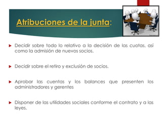 Atribuciones de la junta:
 Decidir sobre todo lo relativo a la decisión de las cuotas, así
como la admisión de nuevos socios.
 Decidir sobre el retiro y exclusión de socios.
 Aprobar las cuentas y los balances que presenten los
administradores y gerentes
 Disponer de las utilidades sociales conforme el contrato y a las
leyes.
 
