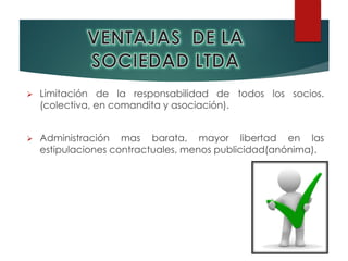  Limitación de la responsabilidad de todos los socios.
(colectiva, en comandita y asociación).
 Administración mas barata, mayor libertad en las
estipulaciones contractuales, menos publicidad(anónima).
 
