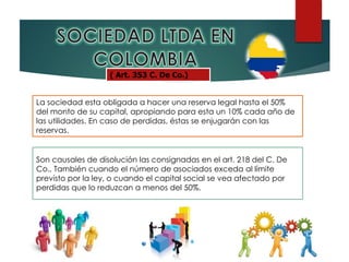 ( Art. 353 C. De Co.)
La sociedad esta obligada a hacer una reserva legal hasta el 50%
del monto de su capital, apropiando para esta un 10% cada año de
las utilidades. En caso de perdidas, éstas se enjugarán con las
reservas.
Son causales de disolución las consignadas en el art. 218 del C. De
Co., También cuando el número de asociados exceda al límite
previsto por la ley, o cuando el capital social se vea afectado por
perdidas que lo reduzcan a menos del 50%.
 