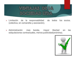 todos los socios. Limitación de la responsabilidad de
(colectiva, en comandita y asociación).
 Administración mas barata, mayor libertad en las
estipulaciones contractuales, menos publicidad(anónima).
 