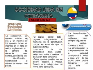 ( Art. 353 C. De Co.)
número mínimo
La constituyen, un
de
dos y un máximo de
25, quienes deben ser
inscritos en el libro de
socios registrados en
la cámara
comercio,
de
con
nombre,documento de
identificación,
nacionalidad y
número de cuotas que
posee.
•El capital social debe
pagarse íntegramente al
momento de la constitución,
porque en caso de que la
superintendencia
compruebe
cancelación
la
total,
no-
puede
exigir una multa u ordenar la
disolución de la compañía.
•Estos aportes pueden ser en
dinero, especie, o trabajo.
Cuando es en trabajo, éste no
forma parte del capital.
•La denominación
puede
cualquiera
ser
pero
siempre seguida de
la palabra
“Limitada”o “Ltda”.
•La administración y
la representación de
la sociedad
corresponde a todos
y cada uno de los
socios, pero podrá
delegarse en
una sola
persona.
 