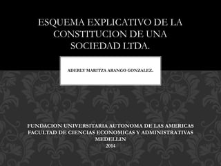 ESQUEMA EXPLICATIVO DE LA 
CONSTITUCION DE UNA 
SOCIEDAD LTDA. 
ADERLY MARITZA ARANGO GONZALEZ. 
FUNDACION UNIVERSITARIA AUTONOMA DE LAS AMERICAS 
FACULTAD DE CIENCIAS ECONOMICAS Y ADMINISTRATIVAS 
MEDELLIN 
2014 
 
