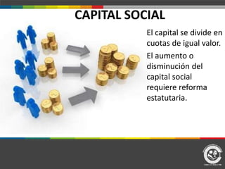 CAPITAL SOCIAL
El capital se divide en
cuotas de igual valor.
El aumento o
disminución del
capital social
requiere reforma
estatutaria.
 