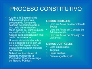 PROCESO CONSTITUTIVO Acudir a la Secretaría de Relaciones Exteriores, presentando formato de solicitud de permiso para el uso de la denominación o razón social. (El tramite queda en verificación tres días hábiles para la resolución final de dicho secretaría.)  Una vez obtenido el nombre de la sociedad se va con un notario público para dar la debida formalización del acta constitutiva.  Deberá ser inscrita en el Registro Público de la Propiedad. (Trámite a cargo del Notario Público).  LIBROS SOCIALES: Libro de Actas de Asamblea de Socios  Libro de Actas del Consejo de Administración  Libro de Actas del Consejo de Vigilancia LIBROS CONTABLES: Libro empastado.  Tarjetas.  Hojas sueltas.  Cinta magnética; etc. 