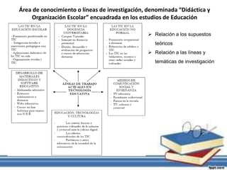 Área de conocimiento o líneas de investigación, denominada “Didáctica y
Organización Escolar” encuadrada en los estudios de Educación
 Relación a los supuestos
teóricos
 Relación a las líneas y
temáticas de investigación
 
