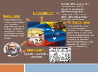 Colonialismo 
situación, donde un país rige 
o domina a otro. Por lo 
general, el país invadido 
permanece incapaz de 
oponerse al invasor, en lo 
social, económico, político, y 
sobre todo, militarmente. 
Capitalismo 
orden o sistema social y 
económico que deriva 
del usufructo de la propiedad 
privada sobre el capital como 
herramienta de producción, que 
se encuentra mayormente 
constituido por relaciones 
empresariales vinculadas a las 
actividades de inversión y 
obtención de beneficios. 
Socialismo 
control por parte de la 
sociedad, organizada con 
todas sus partes 
integrantes, tanto de los 
medios de producción y 
comunicación como de 
las diferentes fuerzas de 
trabajo aplicadas en las 
mismas. 
Marxismo 
Realista, Naturalista y 
Cientificista. 
