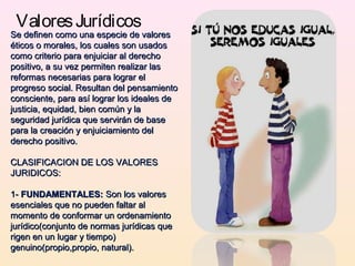 ValoresJurídicos
Se definen como una especie de valoresSe definen como una especie de valores
éticos o morales, los cuales son usadoséticos o morales, los cuales son usados
como criterio para enjuiciar al derechocomo criterio para enjuiciar al derecho
positivo, a su vez permiten realizar laspositivo, a su vez permiten realizar las
reformas necesarias para lograr elreformas necesarias para lograr el
progreso social. Resultan del pensamientoprogreso social. Resultan del pensamiento
consciente, para así lograr los ideales deconsciente, para así lograr los ideales de
justicia, equidad, bien común y lajusticia, equidad, bien común y la
seguridad jurídica que servirán de baseseguridad jurídica que servirán de base
para la creación y enjuiciamiento delpara la creación y enjuiciamiento del
derecho positivo.derecho positivo.
CLASIFICACION DE LOS VALORESCLASIFICACION DE LOS VALORES
JURIDICOS:JURIDICOS:
1-1- FUNDAMENTALES:FUNDAMENTALES: Son los valoresSon los valores
esenciales que no pueden faltar alesenciales que no pueden faltar al
momento de conformar un ordenamientomomento de conformar un ordenamiento
jurídico(conjunto de normas jurídicas quejurídico(conjunto de normas jurídicas que
rigen en un lugar y tiempo)rigen en un lugar y tiempo)
genuino(propio,propio, natural).genuino(propio,propio, natural).
 
