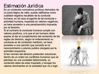 Estimación Jurídica
Es un contenido normativos jurídicos derivados deEs un contenido normativos jurídicos derivados de
un juicio lógico de valor, puede calificarse comoun juicio lógico de valor, puede calificarse como
cualidad negativa resultado de la conductacualidad negativa resultado de la conducta
humana, en tal caso el agente de tal conducta ohumana, en tal caso el agente de tal conducta o
actividad humana, inspirada en valores negativos,actividad humana, inspirada en valores negativos,
se hace acreedor a una pena(sanción) impuestase hace acreedor a una pena(sanción) impuesta
por el derecho.por el derecho.
Si al contrario la conducta humana cumple conSi al contrario la conducta humana cumple con
valores positivos, a lo que el ser humano debevalores positivos, a lo que el ser humano debe
aspirar al dar el cumplimientos del contenido de lasaspirar al dar el cumplimientos del contenido de las
reglas de derecho, según el ordenamiento sureglas de derecho, según el ordenamiento su
conducta es de contenido meritorio, se haceconducta es de contenido meritorio, se hace
acreedor a una sanción que consiste en elacreedor a una sanción que consiste en el
reconocimiento o premio publico otorgado por lareconocimiento o premio publico otorgado por la
actividad respectiva.actividad respectiva.
Si las normas del derecho pretenden solucionar,Si las normas del derecho pretenden solucionar,
dentro de un orden los conflictos humanos que sedentro de un orden los conflictos humanos que se
plantean en una sociedad determinada, suplantean en una sociedad determinada, su
contenido debe de estar inspirado y recoger loscontenido debe de estar inspirado y recoger los
valores dominantes en la sociedad que va a regir.valores dominantes en la sociedad que va a regir.
 