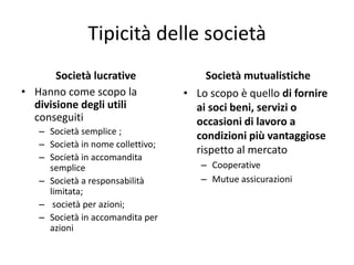 Tipicità delle società
Società lucrative
• Hanno come scopo la
divisione degli utili
conseguiti
– Società semplice ;
– Società in nome collettivo;
– Società in accomandita
semplice
– Società a responsabilità
limitata;
– società per azioni;
– Società in accomandita per
azioni
Società mutualistiche
• Lo scopo è quello di fornire
ai soci beni, servizi o
occasioni di lavoro a
condizioni più vantaggiose
rispetto al mercato
– Cooperative
– Mutue assicurazioni
 
