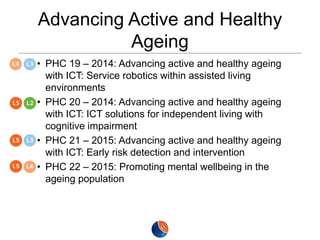 Advancing Active and Healthy
Ageing
• PHC 19 – 2014: Advancing active and healthy ageing
with ICT: Service robotics within assisted living
environments
• PHC 20 – 2014: Advancing active and healthy ageing
with ICT: ICT solutions for independent living with
cognitive impairment
• PHC 21 – 2015: Advancing active and healthy ageing
with ICT: Early risk detection and intervention
• PHC 22 – 2015: Promoting mental wellbeing in the
ageing population

 