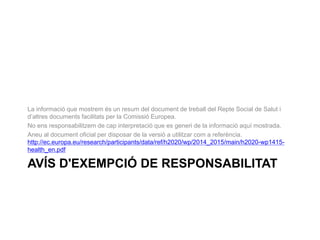 La informació que mostrem és un resum del document de treball del Repte Social de Salut i
d’altres documents facilitats per la Comissió Europea.
No ens responsabilitzem de cap interpretació que es generi de la informació aquí mostrada.
Aneu al document oficial per disposar de la versió a utilitzar com a referència.
http://ec.europa.eu/research/participants/data/ref/h2020/wp/2014_2015/main/h2020-wp1415health_en.pdf

AVÍS D'EXEMPCIÓ DE RESPONSABILITAT

 