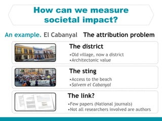 How can we measure
societal impact?
An example. El Cabanyal
The district
•Old village, now a district
•Architectonic value
The sting
•Access to the beach
•Salvem el Cabanyal
The link?
•Few papers (National journals)
•Not all researchers involved are authors
The attribution problem
 