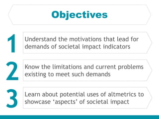 Objectives
Understand the motivations that lead for
demands of societal impact indicators
1
Know the limitations and curre...