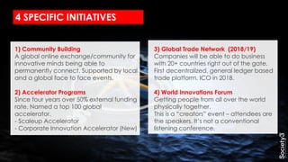 4 SPECIFIC INITIATIVES
1) Community Building
A global online exchange/community for
innovative minds being able to
permanently connect. Supported by local
and a global face to face events.
2) Accelerator Programs
Since four years over 50% external funding
rate. Named a top 100 global
accelerator.
- Scaleup Accelerator
- Corporate Innovation Accelerator (New)
3) Global Trade Network (2018/19)
Companies will be able to do business
with 20+ countries right out of the gate.
First decentralized, general ledger based
trade platform. ICO in 2018.
4) World Innovations Forum
Getting people from all over the world
physically together.
This is a “creators” event – attendees are
the speakers. It’s not a conventional
listening conference.
 