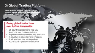 3) Global Trading Platform
• 25 countries prepared to help you
introduce your business to them
• Experienced entrepreneurs help execution
• A structure in place to make it happen.
• It will lead to a new trading culture
• ICO in 2018 – platform live in 2019
Going global faster than
ever before imaginable
Blockchain based, decentralized
global order, process and payment
solution
 