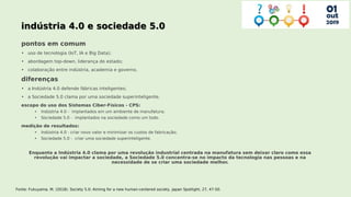 pontos em comum
• uso de tecnologia (IoT, IA e Big Data);
• abordagem top-down, liderança do estado;
• colaboração entre indústria, academia e governo.
diferenças
• a Indústria 4.0 defende fábricas inteligentes;
• a Sociedade 5.0 clama por uma sociedade superinteligente.
escopo do uso dos Sistemas Ciber-Físicos - CPS:
• Indústria 4.0 - implantados em um ambiente de manufatura;
• Sociedade 5.0 - implantados na sociedade como um todo.
medição de resultados:
• Indústria 4.0 - criar novo valor e minimizar os custos de fabricação;
• Sociedade 5.0 - criar uma sociedade superinteligente.
Enquanto a Indústria 4.0 clama por uma revolução industrial centrada na manufatura sem deixar claro como essa
revolução vai impactar a sociedade, a Sociedade 5.0 concentra-se no impacto da tecnologia nas pessoas e na
necessidade de se criar uma sociedade melhor.
Fonte: Fukuyama, M. (2018). Society 5.0: Aiming for a new human-centered society. Japan Spotlight, 27, 47-50.
 