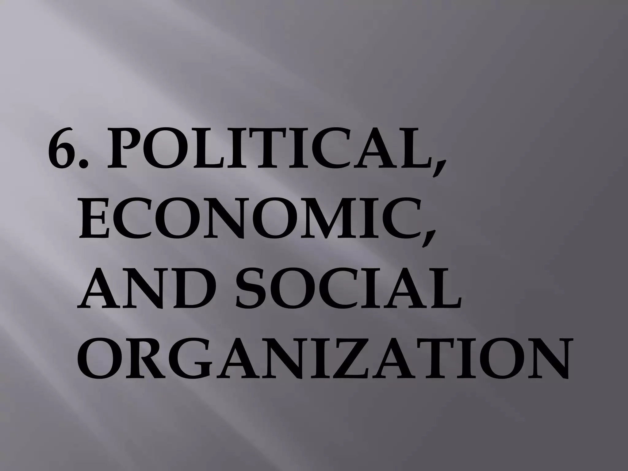 6. POLITICAL,
ECONOMIC,
AND SOCIAL
ORGANIZATION
 