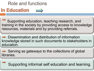 Supporting education, teaching research, and
training in the society by providing access to knowledge
resources, materials and by providing referrals.
Dissemination and distribution of information
knowledge stored in such documents to stakeholders in
education.
Serving as gateways to the collections of global
libraries.
Supporting informal self education and learning.
Role and functions
 