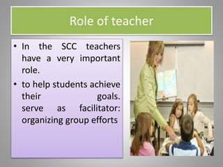 Role of teacher
• In the SCC teachers
have a very important
role.
• to help students achieve
their goals.
serve as facilitator:
organizing group efforts
 