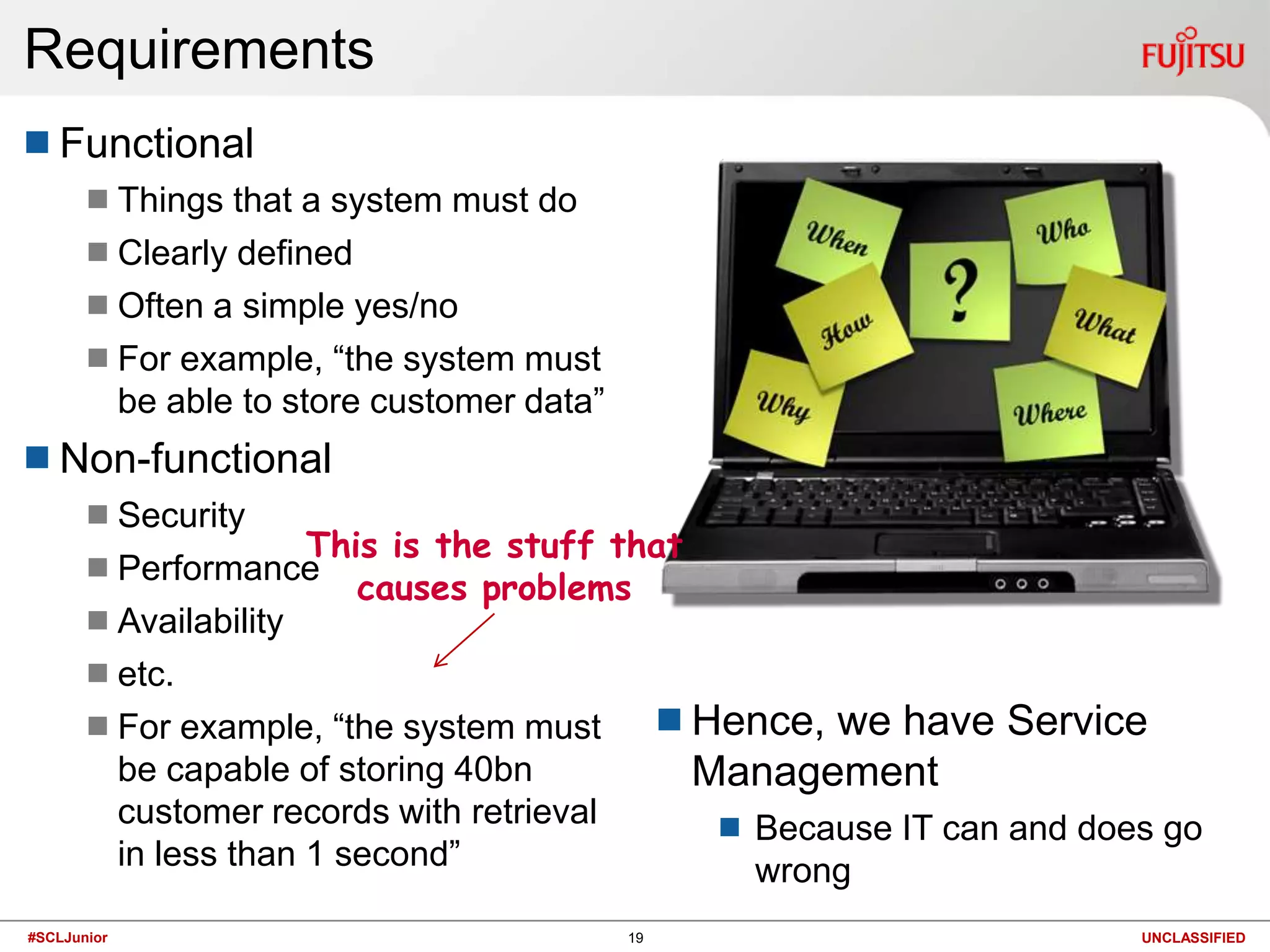 FunctionalThings that a system must doClearly definedOften a simple yes/noFor example, “the system must be able to store customer data”Non-functionalSecurityPerformanceAvailabilityetc.For example, “the system must be capable of storing 40bn customer records with retrieval in less than 1 second”RequirementsThis is the stuff thatcauses problemsHence, we have Service Management