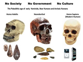 No Society  No Government  No Culture Homo Habilis  Neanderthal  Homo Sapiens  (Modern Human) The Paleolithic age of  early  Hominids, Near Humans and Archaic Humans 